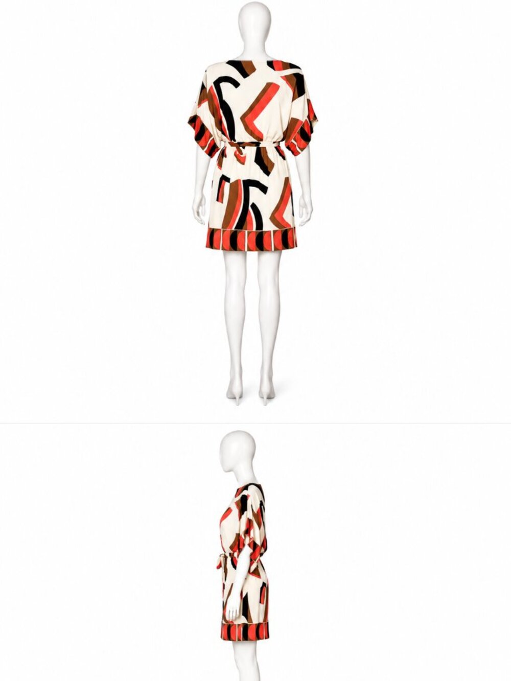 New York & Company Abstract Geometric Print Dress XL Cream Coral Black Brown Tie - Picture 10 of 10